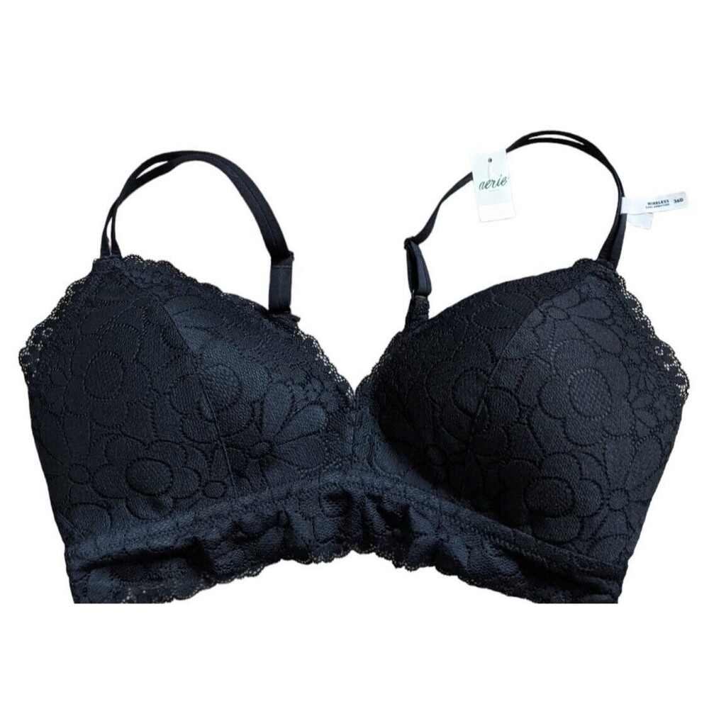 NWT Aerie Bra Wireless Flower Lace Lightly Padded Boho Black Size 36D